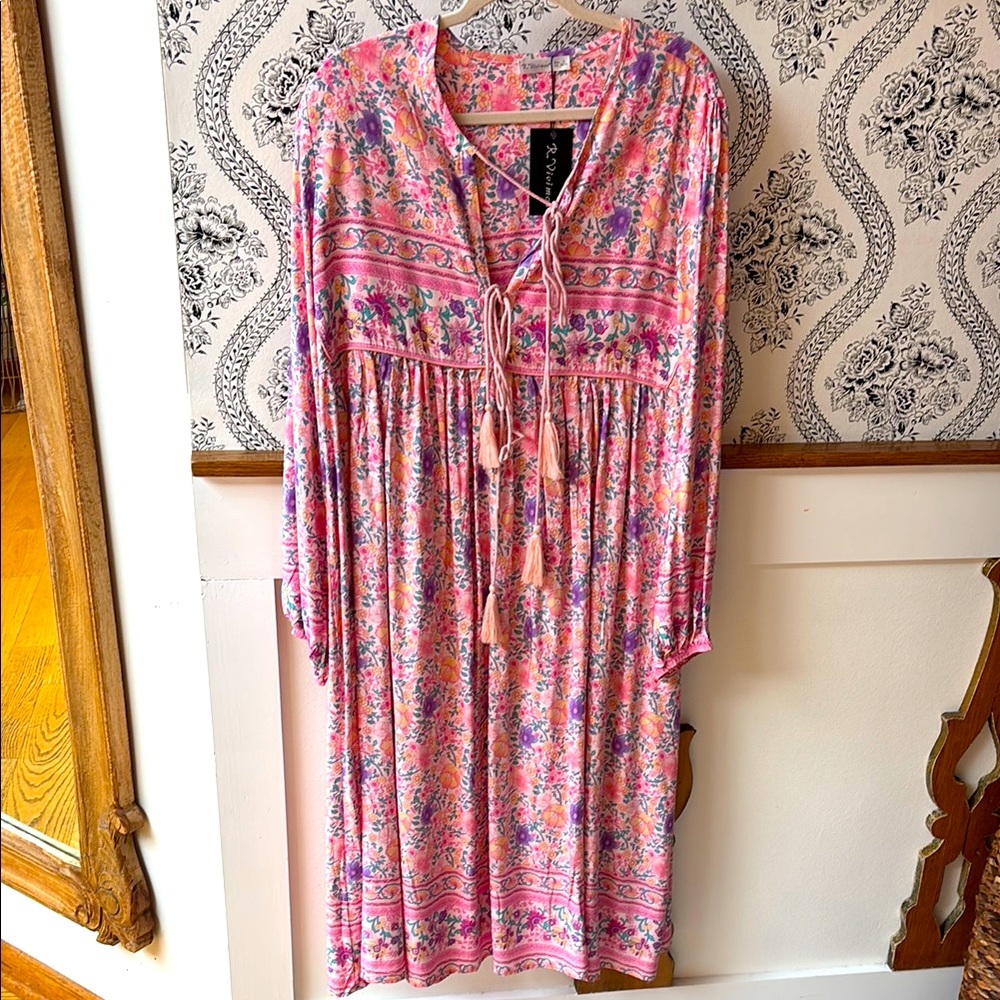 Floral Pink Maxi Dress Boho Hippie L
